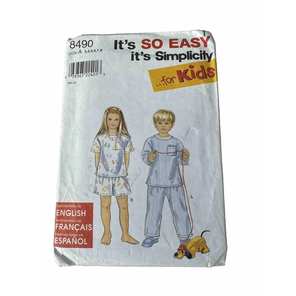 Simplicity Sewing Pattern 8490 Easy Sizes 3 4 5 6 7 8 Childs Pajamas